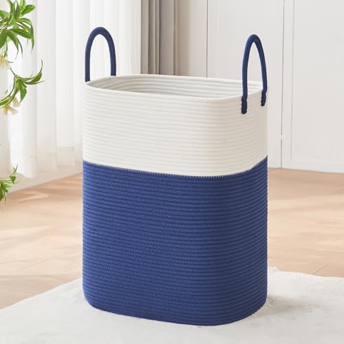 AINUOQI Laundry Basket with Handles - Blanket Basket & Hampers for Bedroom Aesthetic, Laundry Hamper & Blanket Storage for Living Room, Clothes Hamper, Tall, Large 17" x 14" x 23”, White & Dark Blue - color: White & Dark Blue, size: 85L