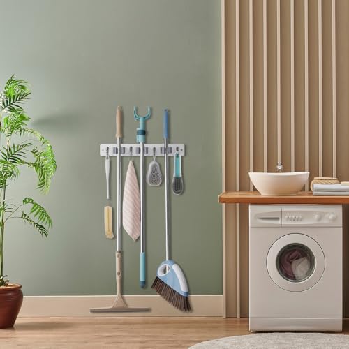 OUTNILI White Mop Broom Holder Wall Mount with 3 Slots & 4 Hooks - Wood Broom Mop Hanger for Pantry Kitchen Organization - Garden Tool Organizer for Closet Laundry Room - color: White-3 Grips, size: 1 Pack