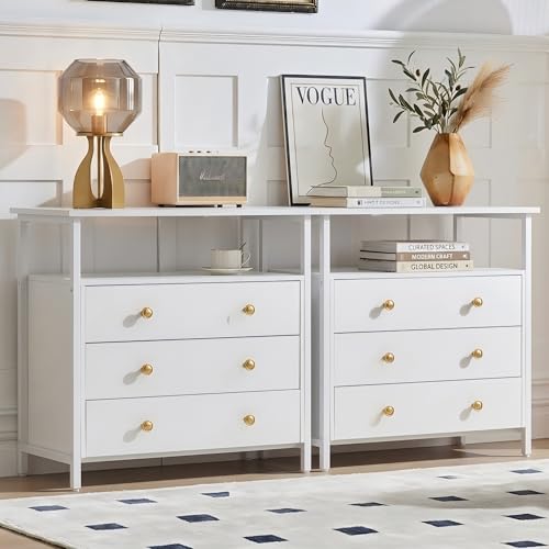 Edbuosy 3 Wooden Drawers Nightstand, 27 Inch Wide Night Stand Set 2 with Charging Station and Adjustable Drawers, Small Dresser for Closet, Bedside Table for Living Room/Bedroom/Office, White. - color: 2 Pack, White, size: 3 Drawers