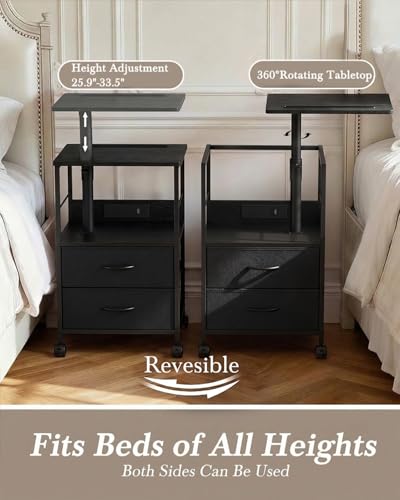Faesun Swivel Lift Top Nightstand with Charging Station, Rolling Side Table for Recliner, Bedside Table with Wheels & 2 Fabric Drawers, for Small Spaces, for Bedroom, Living Room, Black - color: Black, size: 2 Drawers
