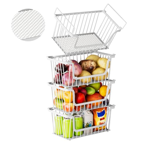 4 Pack Enhanced Leak-Proof Bottom Stackable Wire Baskets, Pantry Organizers and Storage, Pantry Storage，Shelf Baskets, Fruit Basket, Potato and Onion Storage Bins，(White) - color: 4Pack White