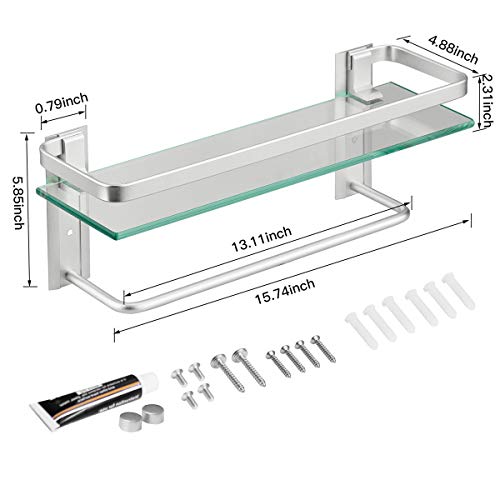 VOLPONE Glass Shelf with Towel Bar 15.7in Silver Bathroom Shelf Wall Mount Rustproof Bathroom Wall Organizer 1 Tier (Silver) - style: 1 tier with towel bar silver