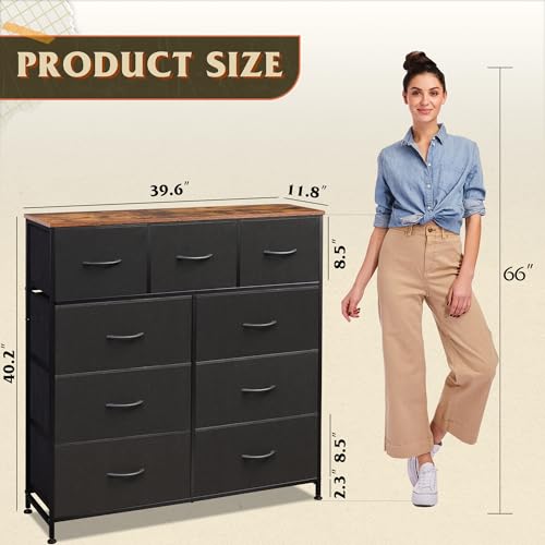 WLIVE 9 Drawer Dresser, Fabric Storage Tower for Bedroom, Hallway, Closet, Tall Chest Organizer Unit for Bedroom with Fabric Bins, Steel Frame, Wood Top, Easy Pull Handle, Black and Rustic Brown - color: Black and Rustic Brown