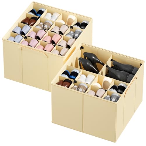 SpaceAid Shoe Organizer for Closet, 2 Pack Foldable Shoe Storage Containers Baskets Boxes Bins w/Adjustable Dividers, Fits 16-32 Pairs, Beige - color: Beige