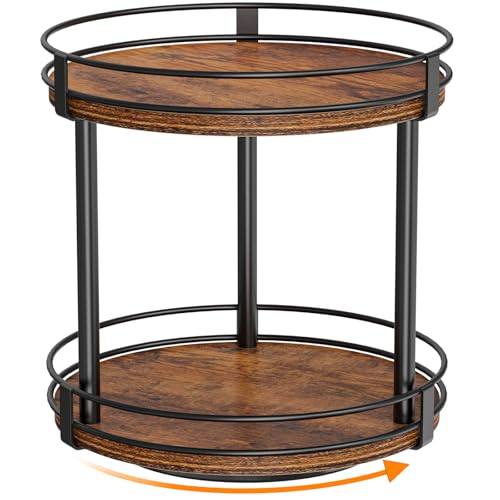 Snughome Rotating Spice Rack, 2 Tier Lazy Susan Organizer, Wood Kitchen Countertop Organizer, Brown Lazy Susan Turntable for Cabinet, 10.2" x 10.2" x 10.4" - color: Rustic Brown, size: 10.2" x 10.2" x 10.4"