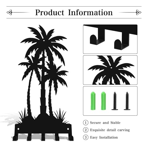 Key Holder Wall Mount with 5 Hooks Entryway Hanger for Car Key Ring Metal Keys Holder on wall Black Key Rack for Home Decor Offcie Appartment - color: Coconut Trees