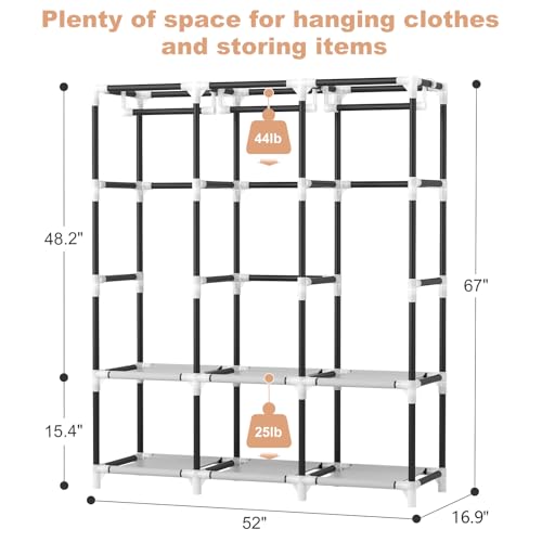 VTRIN Portable Closet for Hanging Clothes 52 Inch Wide Portable Wardrobe Closet with Cover, 6 Storage Shelves and 3 Hanging Rod, Diameter 19mm Metal Pipe, Sturdy Closet for Bedroom, Black - color: Black, size: 3 Row - 52'' Wide