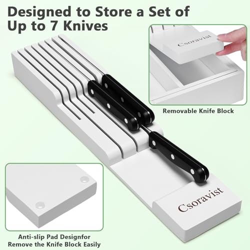 9-Piece Bamboo Kitchen Drawer Organizer Set, Expandable Silverware &Utensil Organizer with Removable Knife Block & Steak Knives, Flatware Organization, Tableware Dividers Storage(White) - color: White