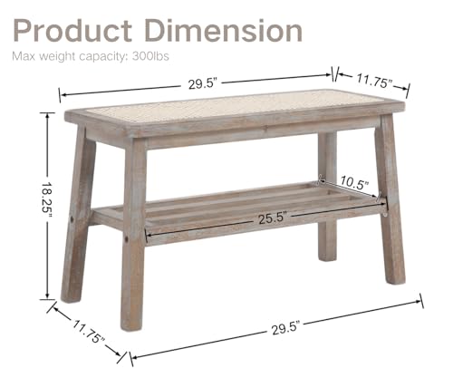 ROCITY Rattan Entryway Bench Wood Bench with Shoe Rack 30 Inch Small Bench Seat Storage Indoor Distressed Wooden Dining Bench Farmhouse Vintage Rustic Accent Bench for Porch/Dining Room/Living Room - color: Wood