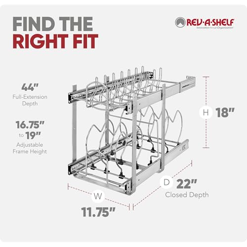 Rev-A-Shelf 2-Tier Kitchen Cabinet Pullout, Cabinet Organizer for Pots, Pans, and Lid Cookware, Adjustable Heavy Duty Wire, Min Opening Width of 11.5", Chrome, 5CW2-1222-CR - size: 12 in.
