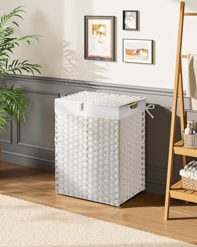 Greenstell Laundry Hamper with 2 Removable Liner Bags，90L Divided Clothes Hamper, Handwoven Synthetic Rattan Foldable Laundry Basket with Lid and Handles White (18.5 x 13.3 x 24.0Inches) - color: White, size: 90L (18.3x13.3x24.0 Inches)