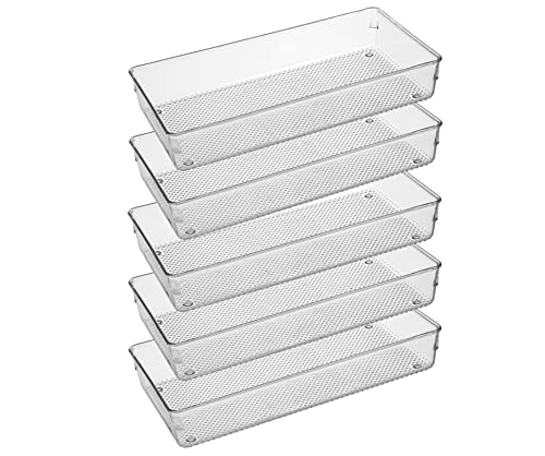 5 Pack Clear Plastic Drawer Organizer Tray Cutlery Utensil Makeups Drawer Silverware Organizers 12" X 6" - size: 5 Pack 12"x6" Clear Plastic