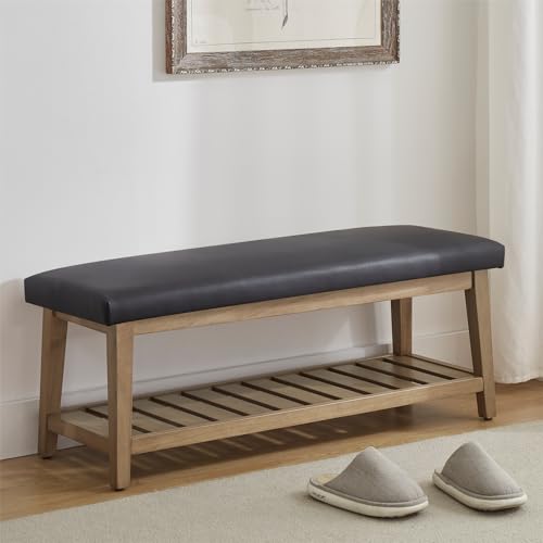 Zihanhome Entryway Bench, PU Leather Upholstered Shoe Benches for Bedroom, Ottoman Bench with Solid Wood Shelf, Storage Bench for Hallway, Living Room(Black) - color: Black