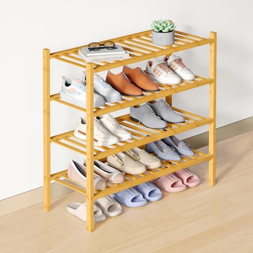 Smiry Bamboo Shoe Rack for Closet, 4 Tier Wooden Stackable Shoe Organizer, Free Standing Shoes Storage Shelf for Entryway, Front Door Entrance, Natural - color: Natural, size: 4 Tier - Medium