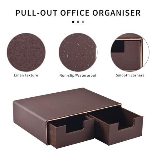 Linen Leather Desk Organizer and monitor stand with Drawers－Mini Desktop Drawer Organizer Stackable－Tabletop Organization Storage Box for Office Supplies Home Vanity Toiletries (Brown, 2-drawers) - color: Brown