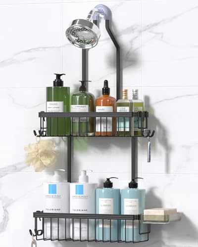 YASONIC Shower Caddy Hanging, Never Rust Shower Organizer Hanging, Aluminum Shower Racks for Inside Shower with Hooks for Razor, Bathroom Organizers and Storage with Soap Holder, Black - color: Black