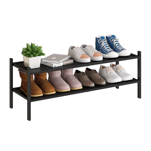 BMOSU 2-Tier Bamboo Extended Shoe Rack Premium Stackable Shoe Shelf Storage Organizer for Hallway Closet Living Room Entryway Organizer(Black) - color: Black, size: 2-Tier Long（33.3*11*12.6inches）