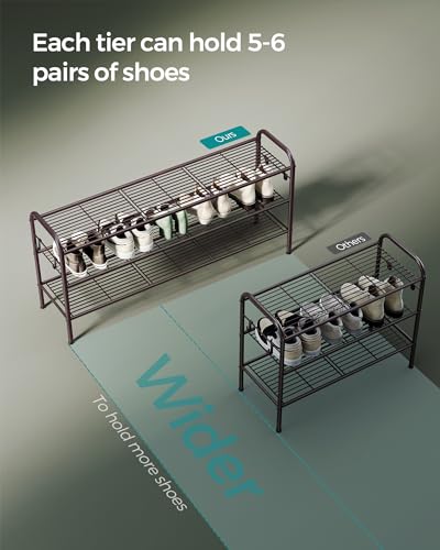 SONGMICS Shoe Rack, 3-Tier Shoe Organizer, Metal Shoe Shelf Storage with 4 Side Hooks, Holds 18 Pairs of Shoes, Height-Adjustable Shoe Rack for Entryway, Hallway, Closet, Chestnut Brown ULMR131A01 - color: Chestnut Brown, size: 3 Tiers (44.9"W)