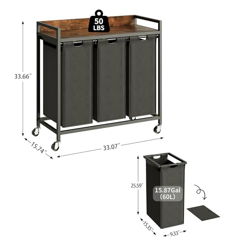 Herture Laundry Hamper with Shelf, Laundry Basket 3 Section, Laundry Sorter with Pull-Out Removable Large Bags and Movable Wheels, Metal Frame, 3 x 15.87 Gallons (60L), Rustic Brown + Black PF04XLY - color: Rustic Brown + Black, size: 3 Bags-180 L