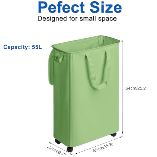 Vincona Slim Laundry Hamper with Lid and Wheels, Small Rolling Laundry Basket with Handle for Small Spaces, Tall Dirty Clothes Hampers for Dorm, Bathroom and Bedroom, 55L, Soga Green - color: Sage Green, size: 55L
