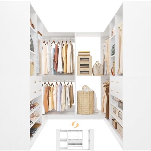 Besiost Closet System with 4 Drawers & Corner Tower, Closet Organizer System with 4 Hanging Robs, Reversible U Shaped Walk-in Closet System, Load 2600+LBS Capacity, Set of 4, White - color: White, size: 117" * 31.5"
