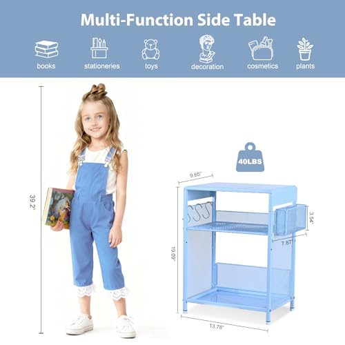 ECOLOVI Kids Nightstand 19in High for Floor Beds, 3-Tier Metal Small Bedside Table with Adjustable Storage Shelf, Basket & 3 S-Hooks, Low Nightstand for Nursery, Toddler Bedroom (Blue) - color: Blue