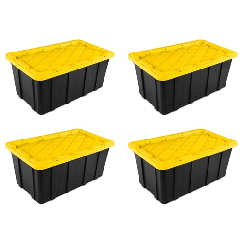 Sterilite 4-Pack Industrial Tote, Plastic Storage Container Bins with Lids, 38 Gallon - Heavy-Duty Organizing Containers for Closet, Bathroom, and Office - size: 38 Gallon - Black/Yellow