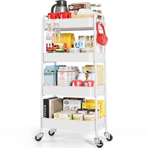 TOOLF 4-Tier Rolling Cart - Metal Storage Organizer with Lockable Wheels, 44 lbs Per Shelf Capacity, Tool-Free Assembly, for Kitchen Bathroom Office Laundry Room Nursery, White - color: White, size: 4-Tier
