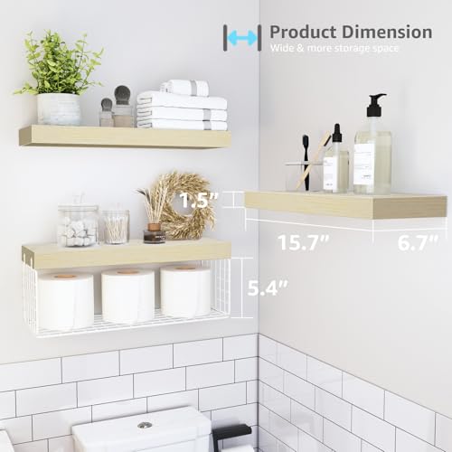 QEEIG Bathroom Shelves Over Toilet - Wall Mounted Floating Shelves Toilet Paper Storage Small Farmhouse Decor Shelf 16 inch Set of 3, Natural (019-BNW3) - color: E. Natural, size: 3pcs