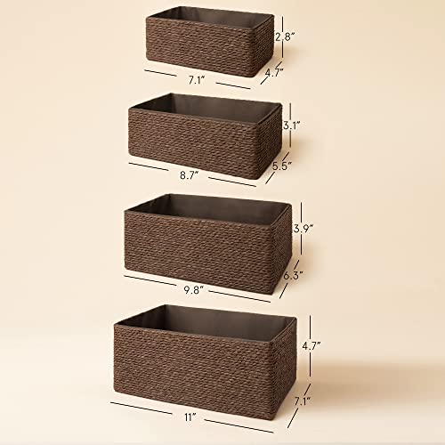 Paper Rope Woven Storage Basket Set of 4 with Fabric Liner, Stackable Multipurpose Organizer Bin, Brown - color: Brown