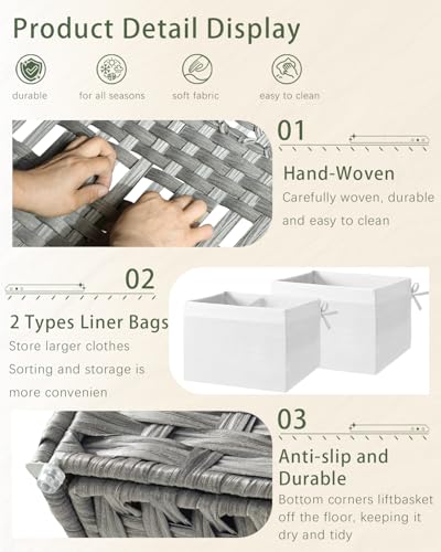 SETVSON Storage Basket with Lid Wicker Baskets for Storage with 2 Separate Lid 42.3 Gallon (160 L) 29.9 x 17.3 x 18.1 Inches Rattan Woven Large Wicker Basket with 2 Liners for Bedroom Laundry Gray - color: Gray, size: 160L-29.9L*17.3W*18.1H