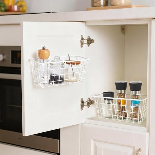LeleCAT Hanging Kitchen Baskets For Storage Adhesive Sturdy Small Wire Storage Baskets No Drilling Wall Mounted Kitchen Food Pantry Bathroom Shelf Storage, 4 PACK,White - color: White, size: 4 PACK