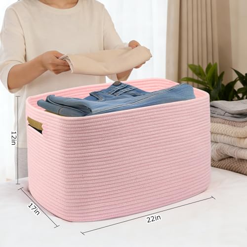 75L Large Woven Storage Basket, Pink Cotton Rope Laundry Hamper with Handles, 22”x17”x12” Rectangle Blanket Basket for Toys, Clothes, Pillows, Nursery and Living Room,Shelf Basket - color: Soft Pink