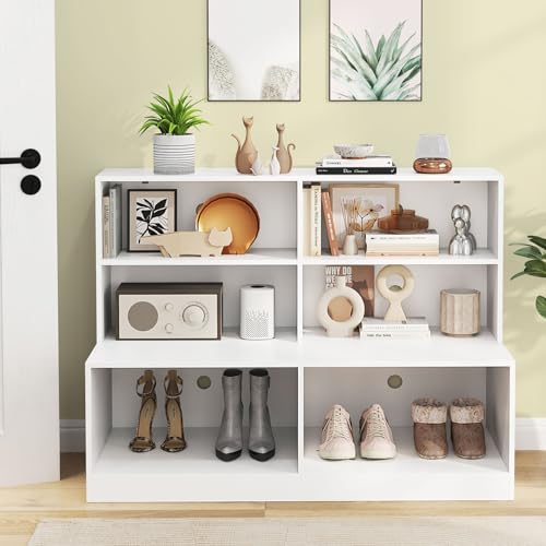 Giantex Storage Bench with Shelf, 3-Tier Entryway Storage Cabinet w/Seat, 2-in-1 Shoe Bench w/Bookshelf, Anti-tip Kits, Modern Style 6-Cube Organizer for Living Room, Study, Hallway, White
