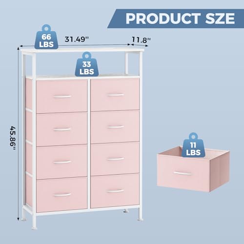 DUMOS Fabric Dresser for Bedroom with 8 Drawers, Tall 8-Drawer Chest of Drawers with Raised Shelf, Storage Tower with Fabric Bins for Closet Organization, Hallway Storage, Rose - color: Blush, size: 31.5"D x 45.9"W x 11.8"H (8 Drawers)
