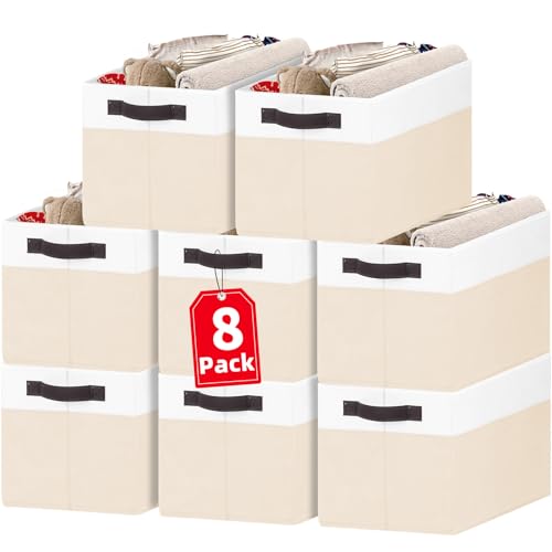 Criusia 8 Pack Large Storage Basket, Fabric Blanket Basket Living Room, Toy Organizers and Storage with Handles for Kids, Laundry Basket for Clothes Towel, Yarn and Craft Storage Bins (14L*10W*9.5H) - color: White with Beige, size: 8pcs - Rectangular 14"x