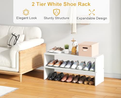 White Shoe Rack Organizer for Closet, 2-Tier Expandable Shoe Shelf, Stackable Iron Wood Combination Small Shoe Racks Shelves for Closets, Entryway,Small Space,Hallway,Bedroom,Bathroom,6-12 Pairs - color: White, size: 1 Pack (2 Tier)