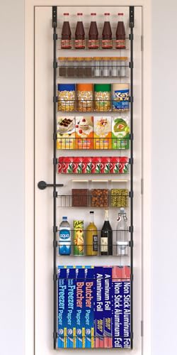 Black Over the Door Pantry Organizer 8 Tier, Adjustable Basket Pantry Door Organizer and Storage, Heavy Duty Metal Kitchen Hanging Spice Rack (D5xW19xH50 Inches) - color: Black