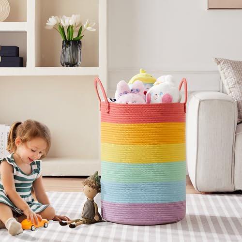 80L Extra Large Rainbow Laundry Hamper Basket for Girls Kids Tall Unicorn Baby Nursery Hamper for Clothes Woven Rope Blanket Toy Basket in Living Room Playroom Bedroom 16"D x 22"H - color: Rainbow, size: Extra Large (80L)