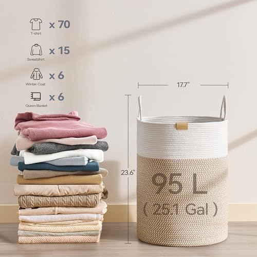 Nunsino Laundry Hamper 95L,Large Laundry Basket for Clothes,Decorative Storage Basket for Blankets,Cotton Rope Woven basket for bedroom,Brown White - color: Brown&White, size: 95L/25.1Gal