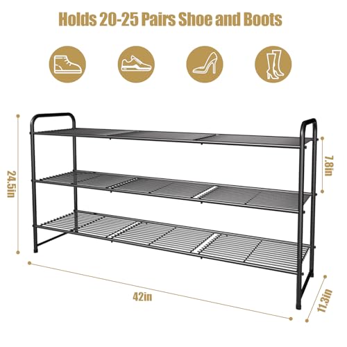 3-Tier Long Metal Shoe Rack,Extra Large Capacity Adjustable Stackable Shoe Organizer Shelf for Closet Entryway,Bronze 42" W × 24.5" H - color: 3-tier Bronze, size: 3-Tier Long