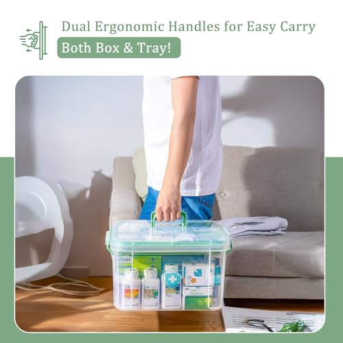 ANYPROLUS 15QT Clear Medicine Organizer Box with Handle, Plastic Medicine Container with Tray First Aid Box Empty, Thickened Medicine Storage Organizer Multipurpose Medication Organizer Storage - color: Green