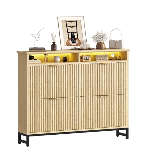 Fluted Shoe Storage Cabinet with 4 Flip Drawers, 47.24" Narrow Shoe Organizer Cabinet with LED Light, Slim Freestanding Shoe Rack Cabinet, Wooden Hidden Shoe Cabinet for Entryway, Hallway(Natural Oak)
