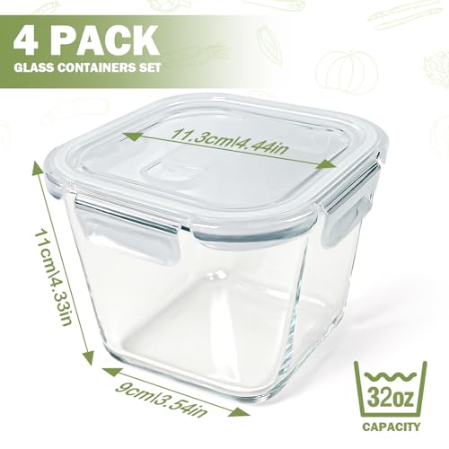 Soup Containers with Lids Glass 32 oz, 4 Cup Borosilicate Glass Food Storage Containers, Microwave & Freezer Safe Jars, Small Square Meal Prep Bowl for Salad, Fruit, Lunch, Ice Cream, Travel, 4 Pack - color: Transparent4