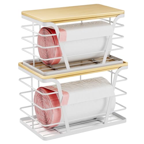 TIDIIABODE 2 Pack Stackable Laundry Room Organization and Storage, Laundry Room Decor and Accessories, Trash Bag Holder with Bamboo Top and Garbage Bag Dispenser, White - color: 2-Pack-L&S-White