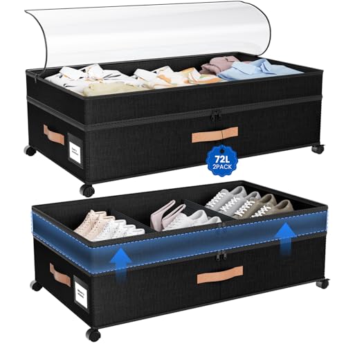 Under Bed Storage with Wheels, 72L XXL Under the Bed Storage Containers Large, 10‘’ Tall Adjustable Storage for Underbed with Lids, Rolling for Shoes, Clothes, Blankets, Black - color: Black