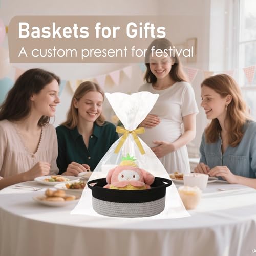 JMvicyroam Woven Basket,Small Rope Storage Bin with Handles & Ribbon Bag, Organizer for Shelves Closets,Gift Basket Empty for Birthday,Books,Dog Toys, Black&Grey - color: Black&Grey, size: 1 Pack