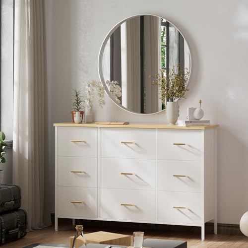 VASICAR Wide TV Stand Modern TV Console, 9 Drawers Dresser for Bedroom, Fabric Storage Cabinet, Chest of Drawers for Closet, Nursery, Living Room（Classic White） - color: White-retro Top
