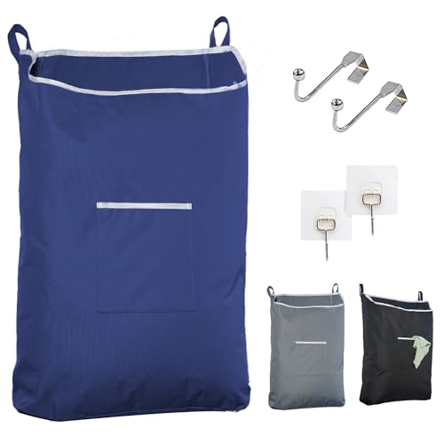 Fine Living Large Hanging Laundry Hamper with Over Door Hooks & Adhesive, Durable Space Saving Laundry Bag with Zipper and Wide Open Top, Hanging Dorm Laundry Hamper 18"x4.75"x28" (Navy Blue-L) - color: Navy Blue-L, size: Large