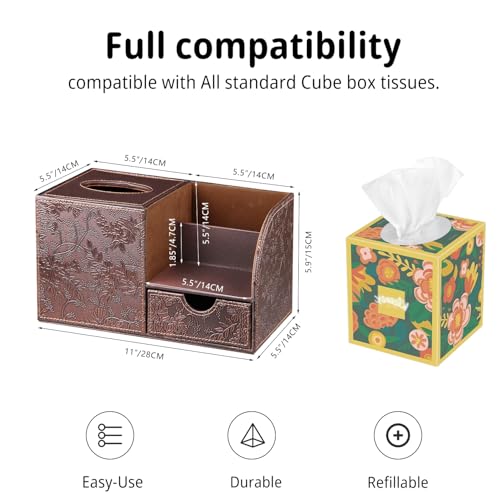 Nightstand Organizer with Tissue Holder,PU Leather Square Tissue Box Cover,Modern Facial Paper Organizer Storage Box for Remote Control,Bathroom,Vanity Countertop,End Table Home Office - color: Retro